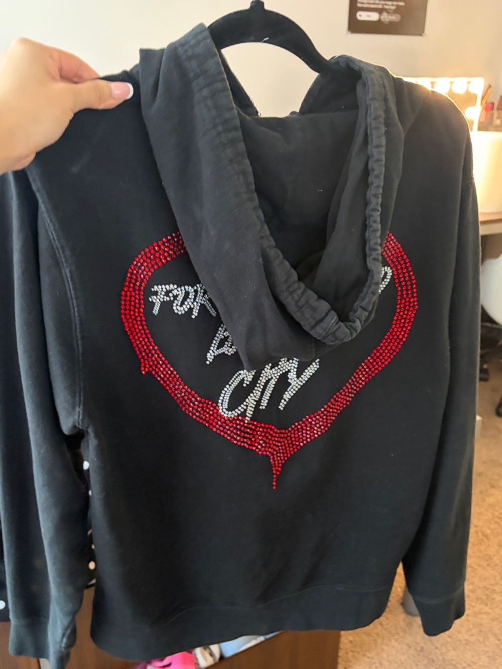 Black Rhinestone Heart Hooded Sweatshirt - City Graphic